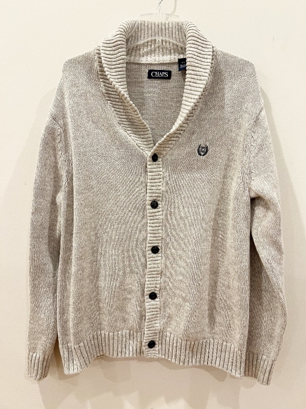 Chaps Cardigan Sweater Mens Large Gray Button Front Shawl Knit Collar Grandpa